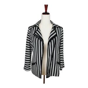 Sharon Young Black White Stripes Tailored Asymmetrical Zip Front Jacket - Small
